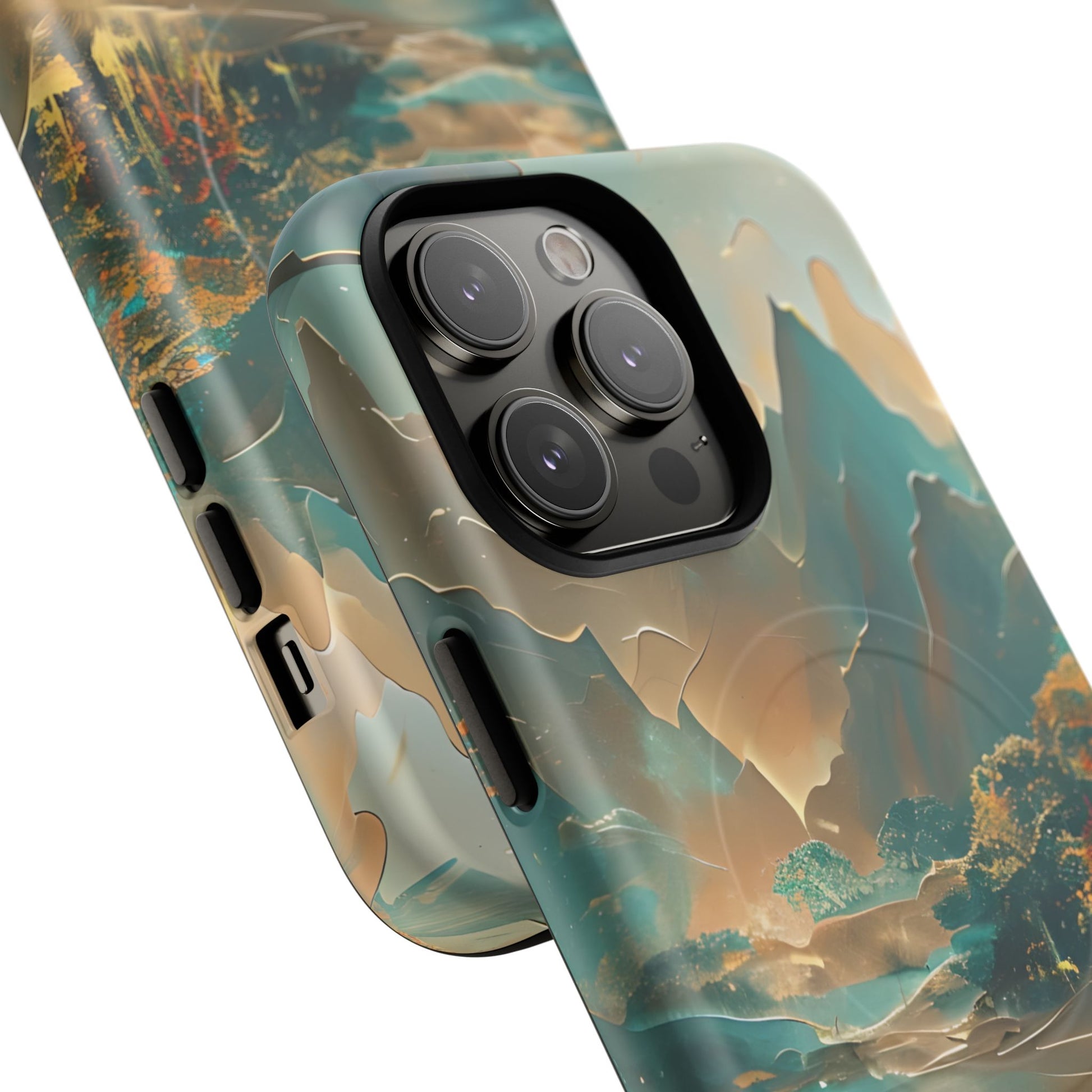 Misty Horizon - Serene Landscape Art iPhone 14 Pro Max MagSafe Phone Case - Tranquil Mountain & Lake Design