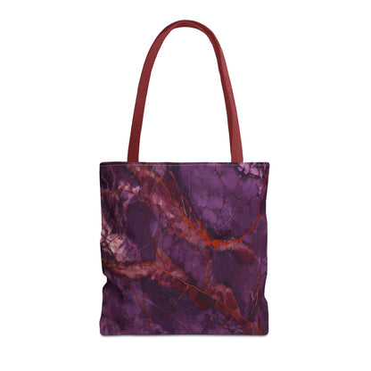 Amethyst Current canvas tote bag featuring flowing red and purple marble design with burgundy handles