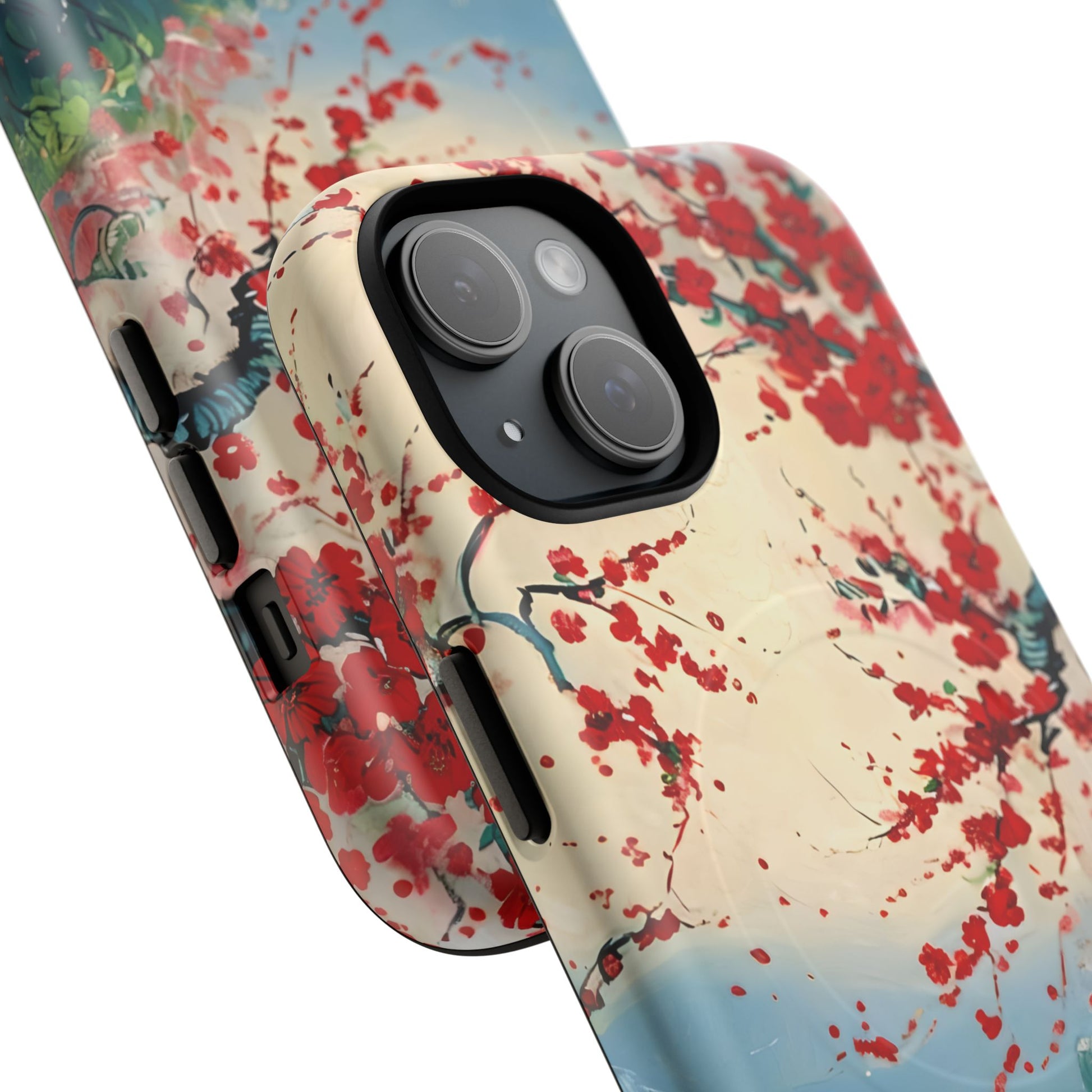 Crimson Blossom Lake - Artistic Floral Landscape iPhone 15 MagSafe Phone Case - Red Cherry Blossoms & Serene Lake Design