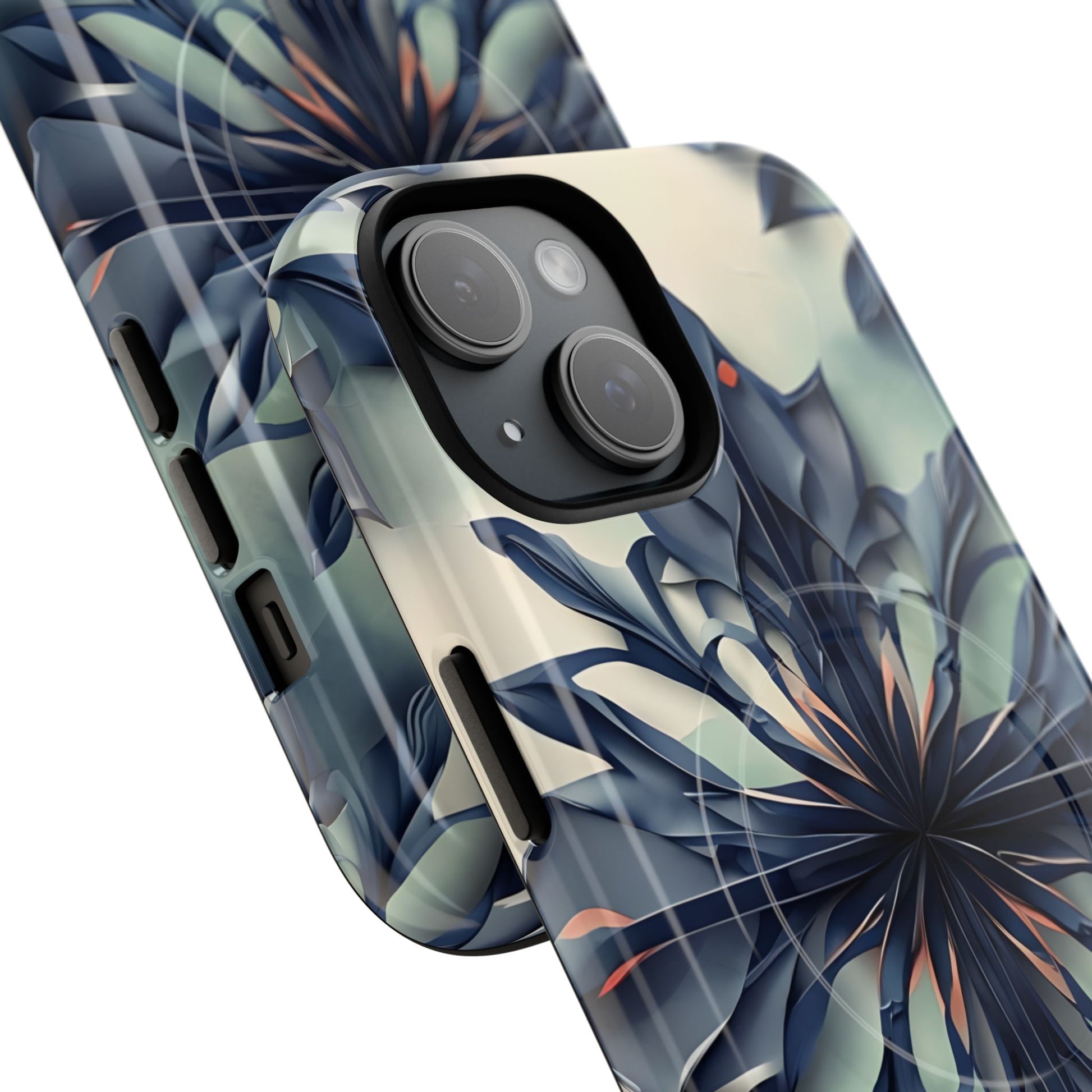 Frosted Indigo Bloom - Artistic Kaleidoscope Collection Artistic Floral - iPhone 15 MagSafe Phone Case -Blue Symmetrical Design