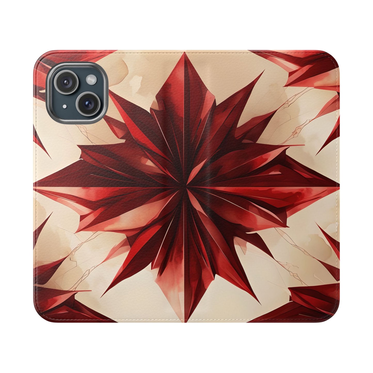 Ruby Compass geometric iPhone wallet flip phone case with red starburst pattern