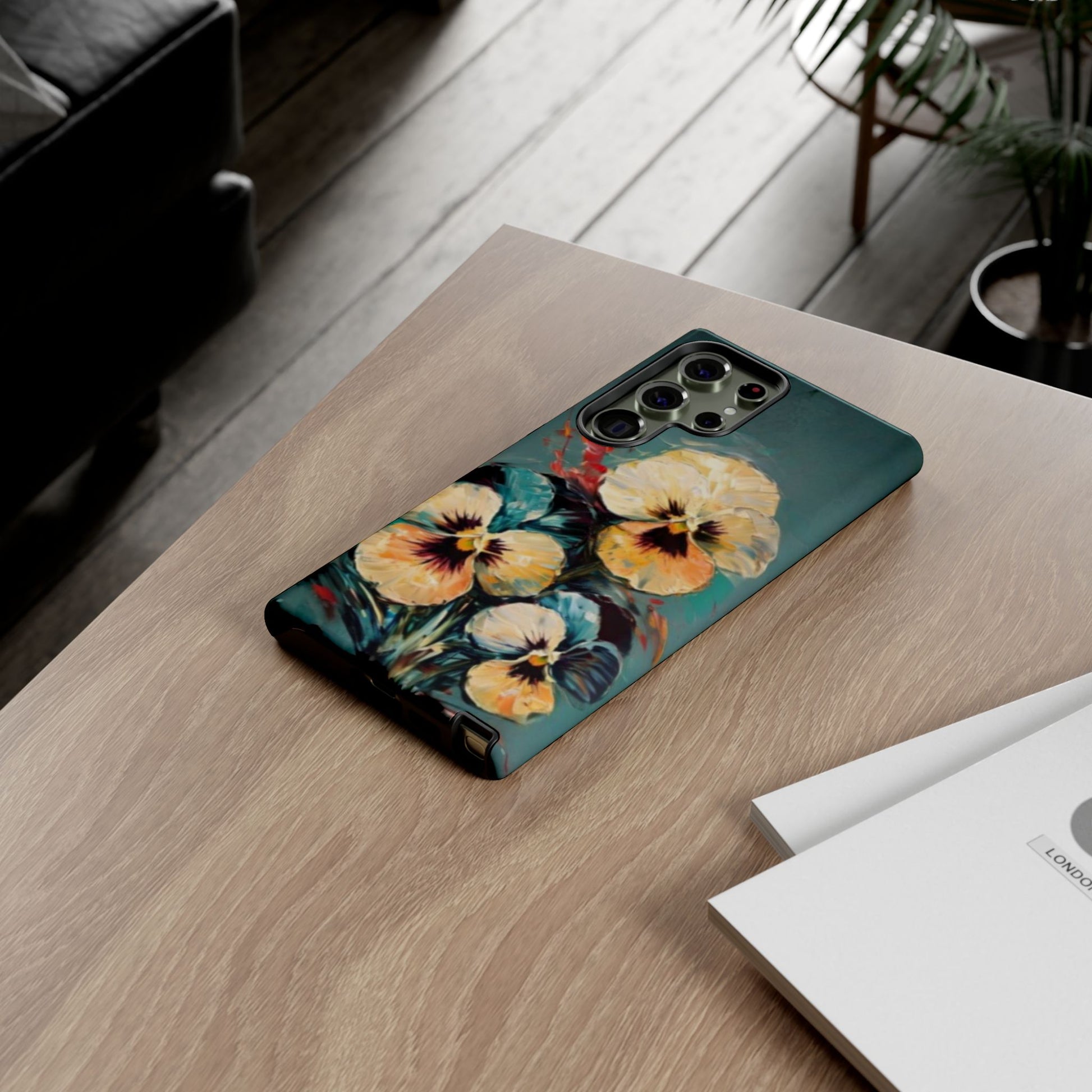 Golden Pansy Cascade pansy flower Samsung Galaxy phone case lifestyle desk scene