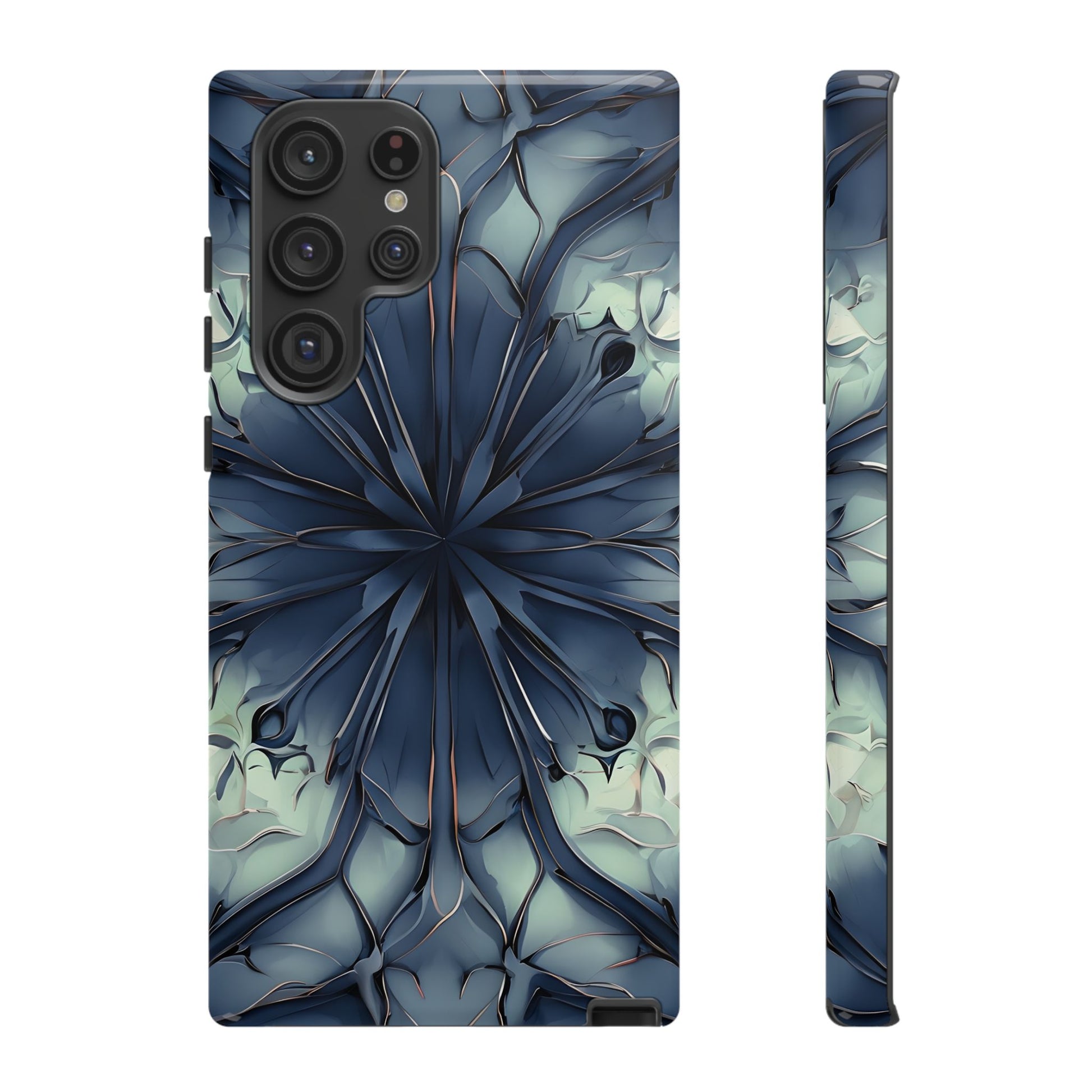 Indigo Mosaic - Artistic Kaleidoscope Collection Artistic Floral - Samsung Galaxy S22 Ultra Tough Phone Case - Bold Blue Symmetrical Design