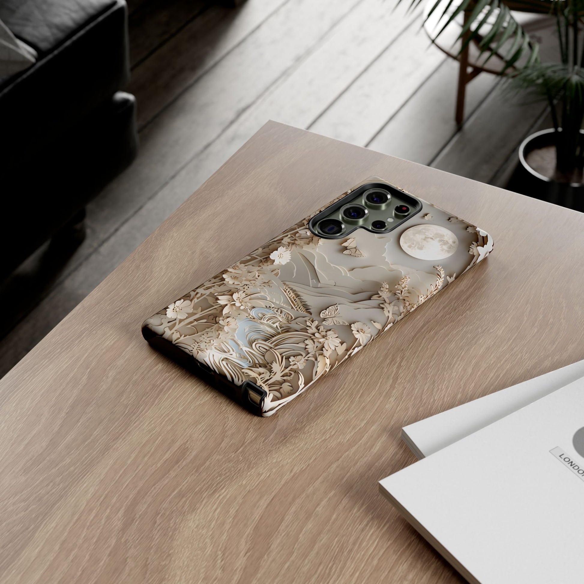 Moonlit Garden - Elegant Neutral Floral Samsung Galaxy S23 Ultra Tough Phone Case - Painterly Botanical & Moon Design