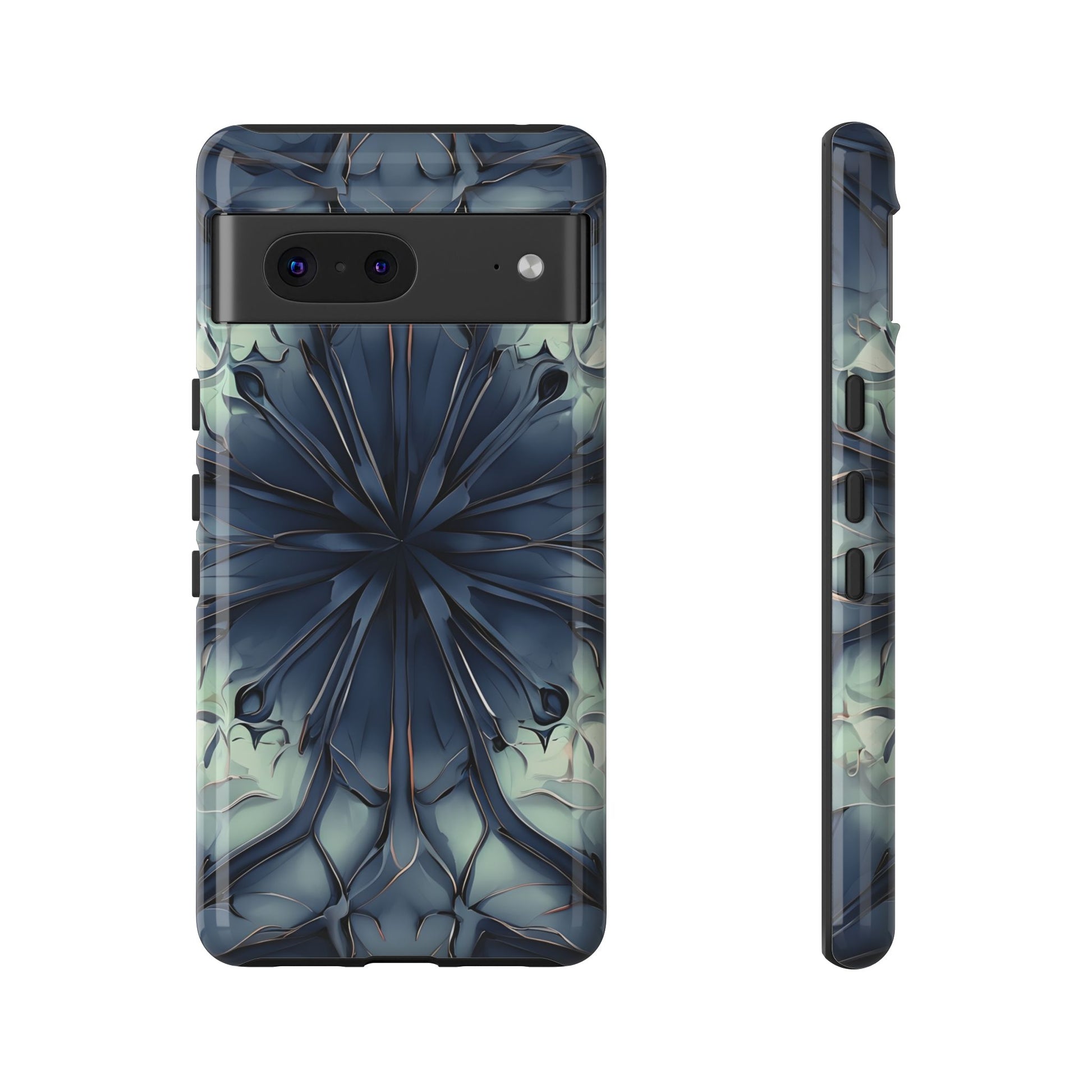 Indigo Mosaic - Artistic Kaleidoscope Collection Artistic Floral - Google Pixel 7 Tough Phone Case - Bold Blue Symmetrical Design
