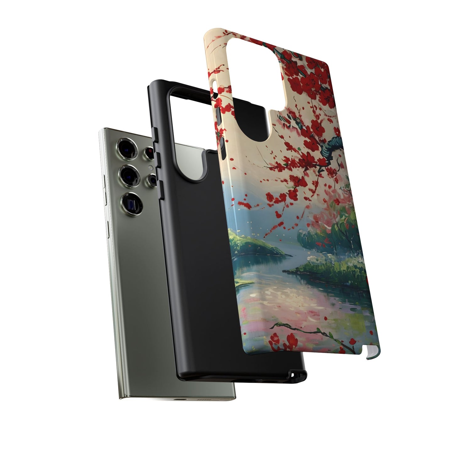 Crimson Blossom Lake cherry blossom floral Samsung Galaxy tough phone case dual layer protection