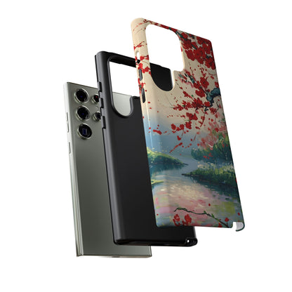 Crimson Blossom Lake cherry blossom floral Samsung Galaxy tough phone case dual layer protection