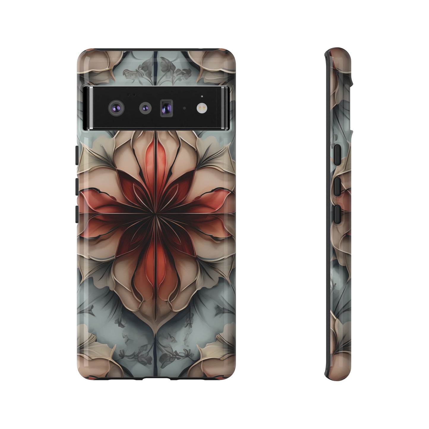 Ember Bloom - Kaleidoscope Collection Artistic Floral - Google Pixel Tough Phone Case - Fiery Symmetrical Design