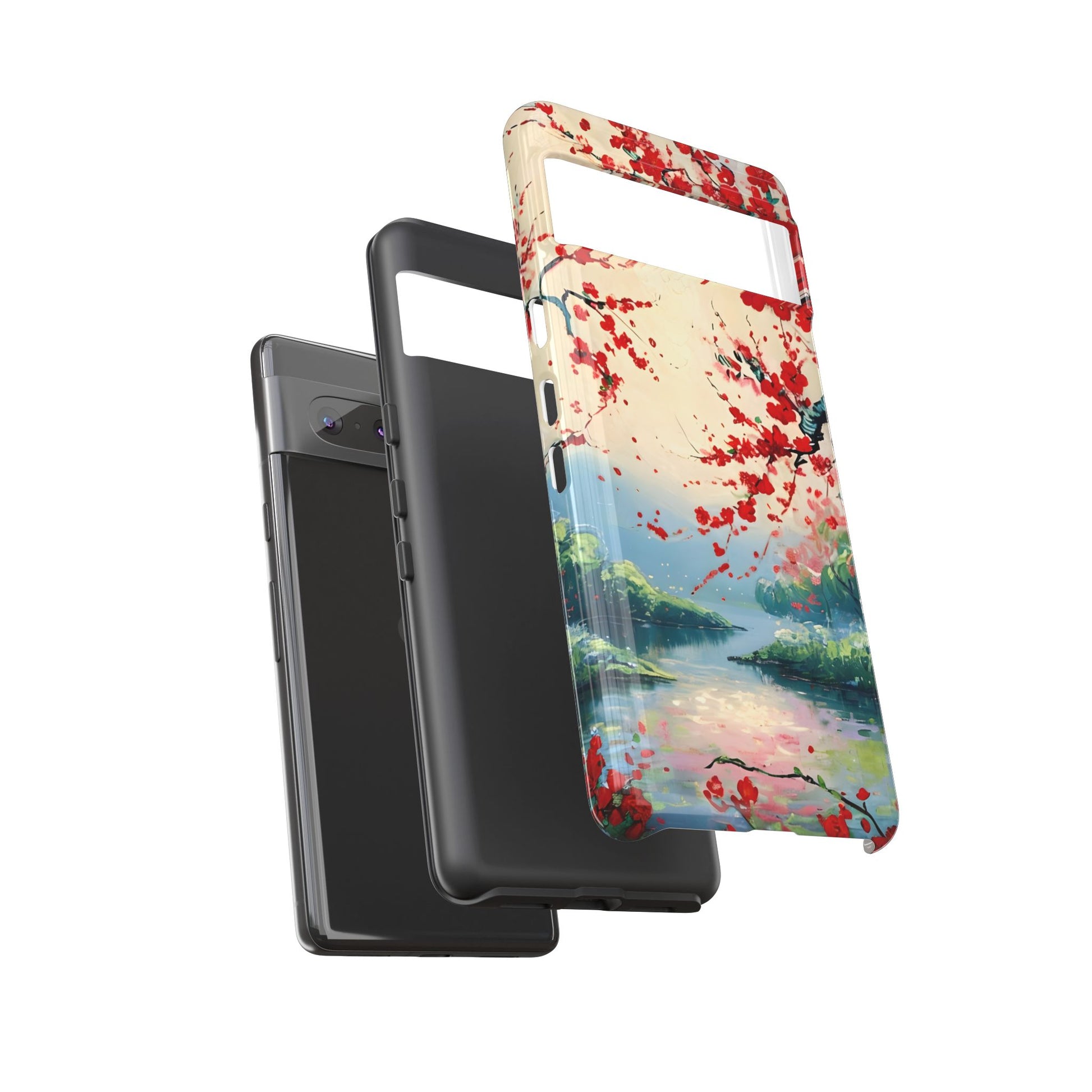 Crimson Blossom Lake - Artistic Floral Landscape Google Pixel 7 Tough Phone Case - Red Cherry Blossoms & Serene Lake Design