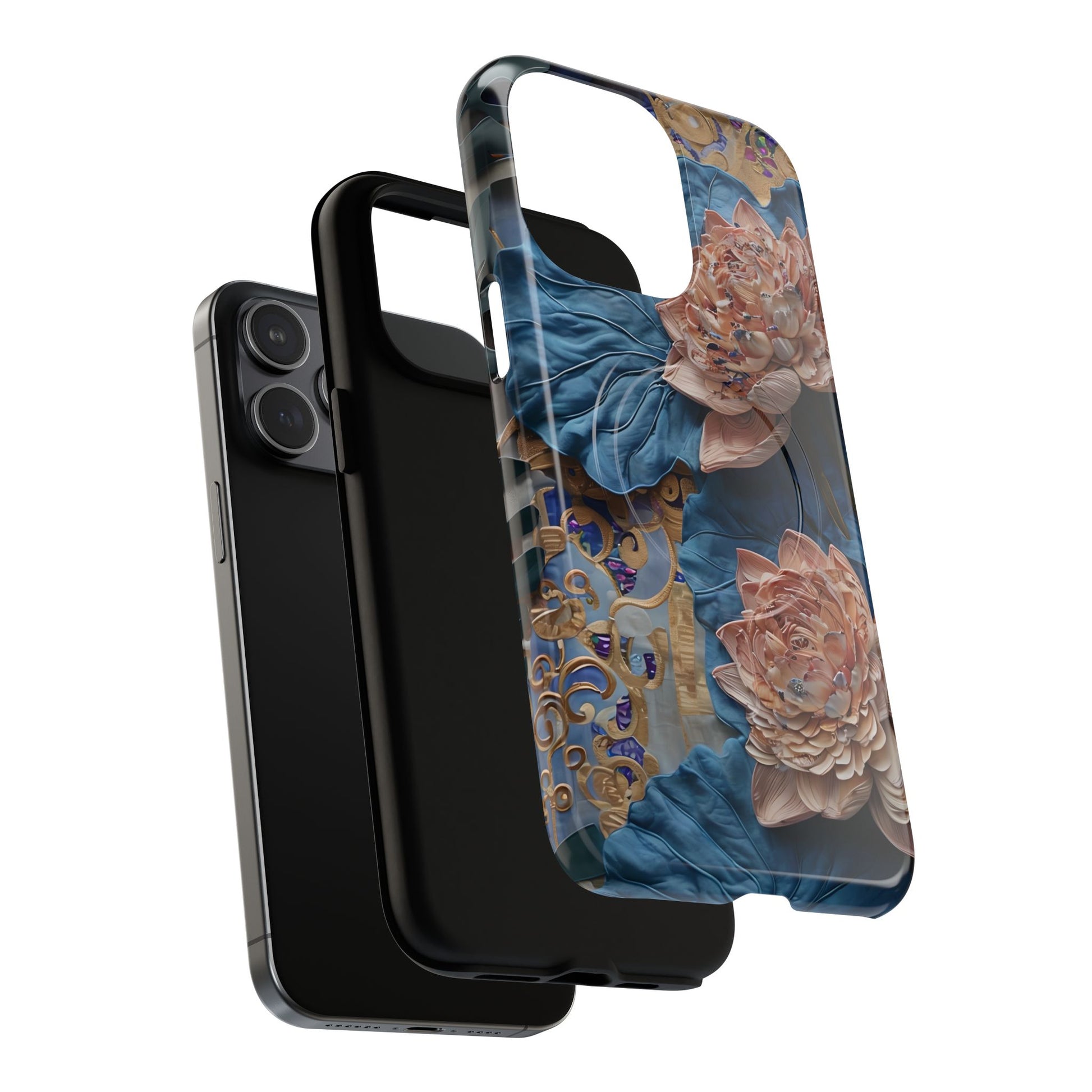 Peony Midnight Tapestry - iPhone 15 Pro Max - MagSafe Compatible - Elegant Blue & Blush Artful Phone Cover