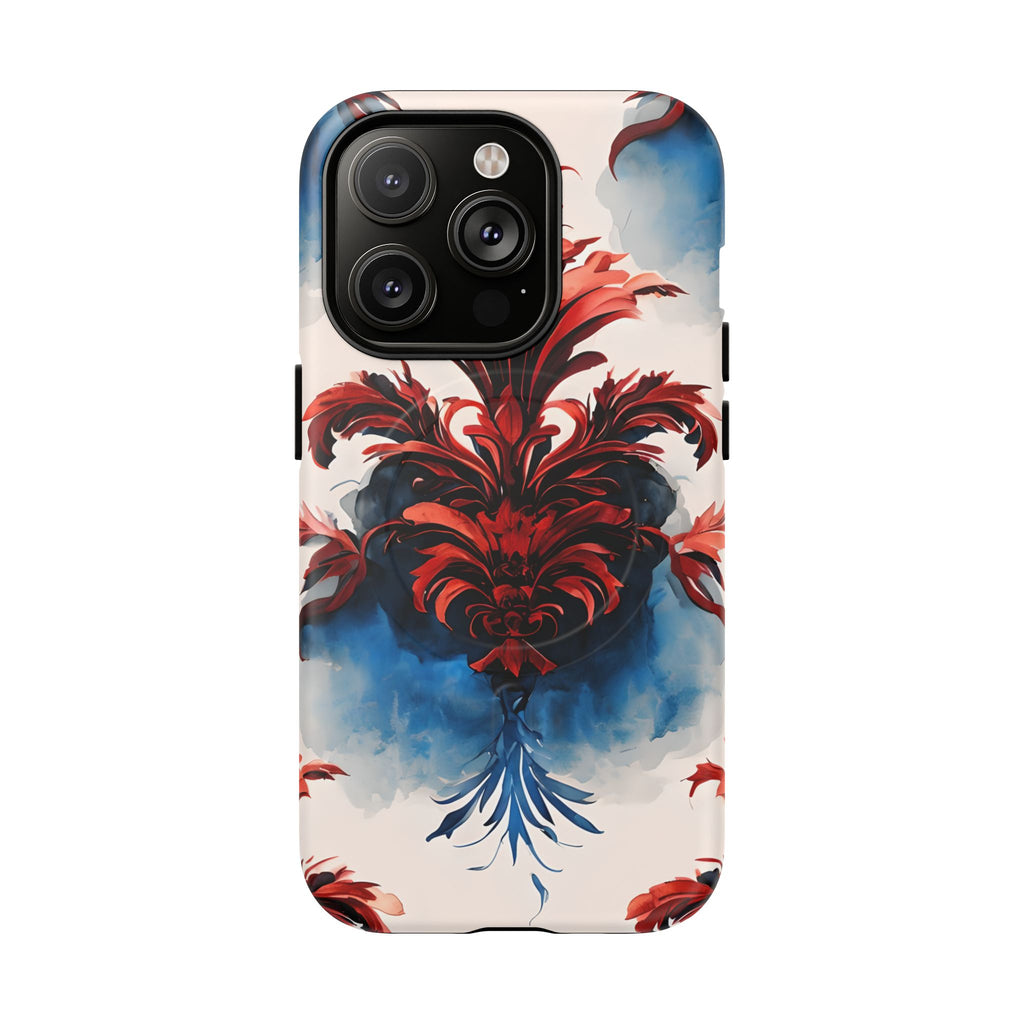 Crimson Plume - Bold Artistic Feather iPhone 14 Pro MagSafe Phone Case - Dramatic Red & Blue Design