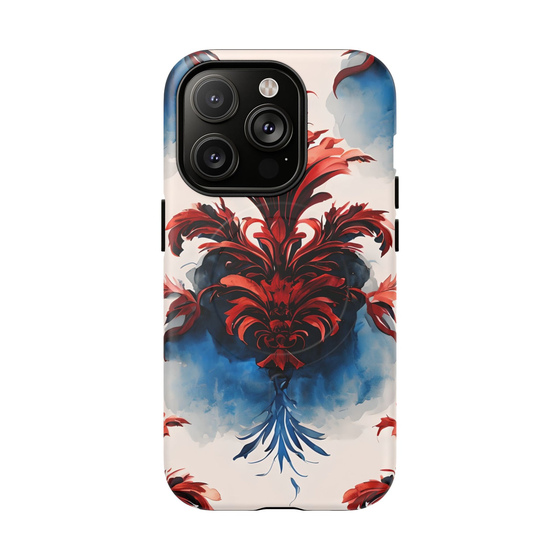 Crimson Plume - Bold Artistic Feather iPhone 14 Pro MagSafe Phone Case - Dramatic Red & Blue Design
