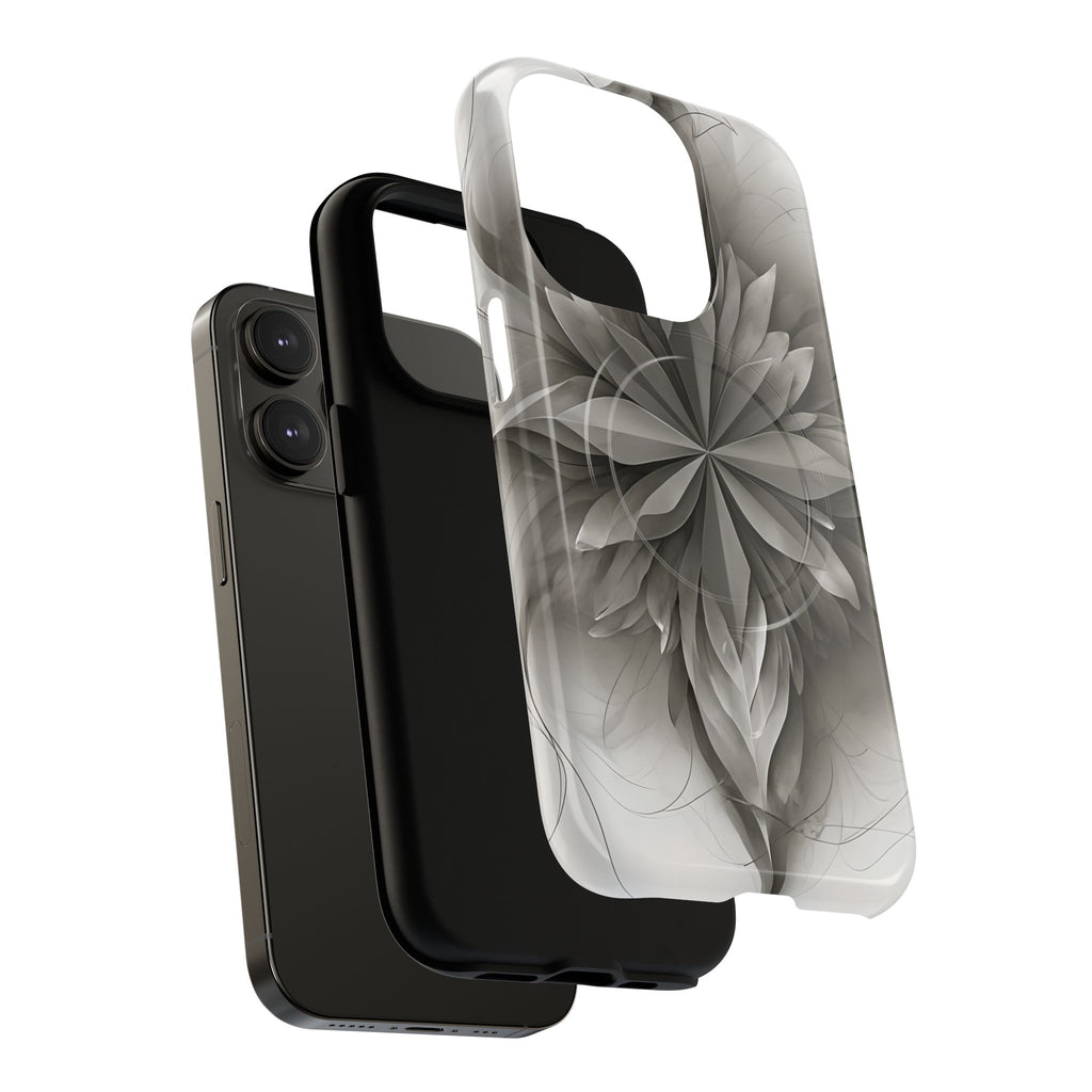 Silver Lotus - Elegant Monochrome Floral iPhone 14 Pro MagSafe Phone Case - Modern Lotus Design