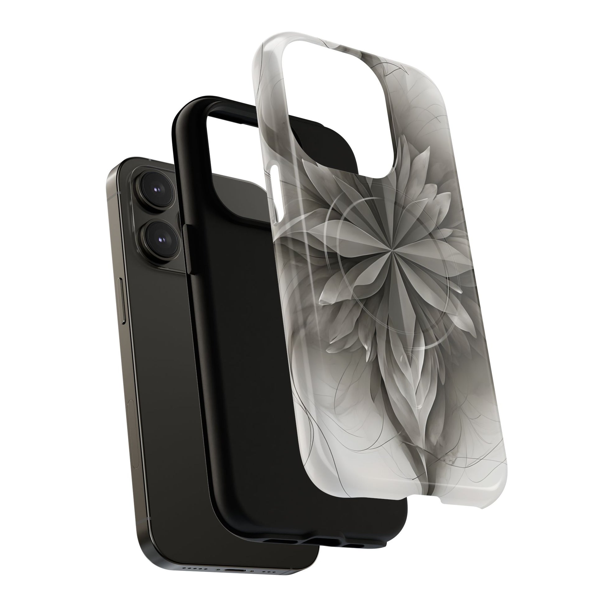 Silver Lotus - Elegant Monochrome Floral iPhone 14 Pro MagSafe Phone Case - Modern Lotus Design