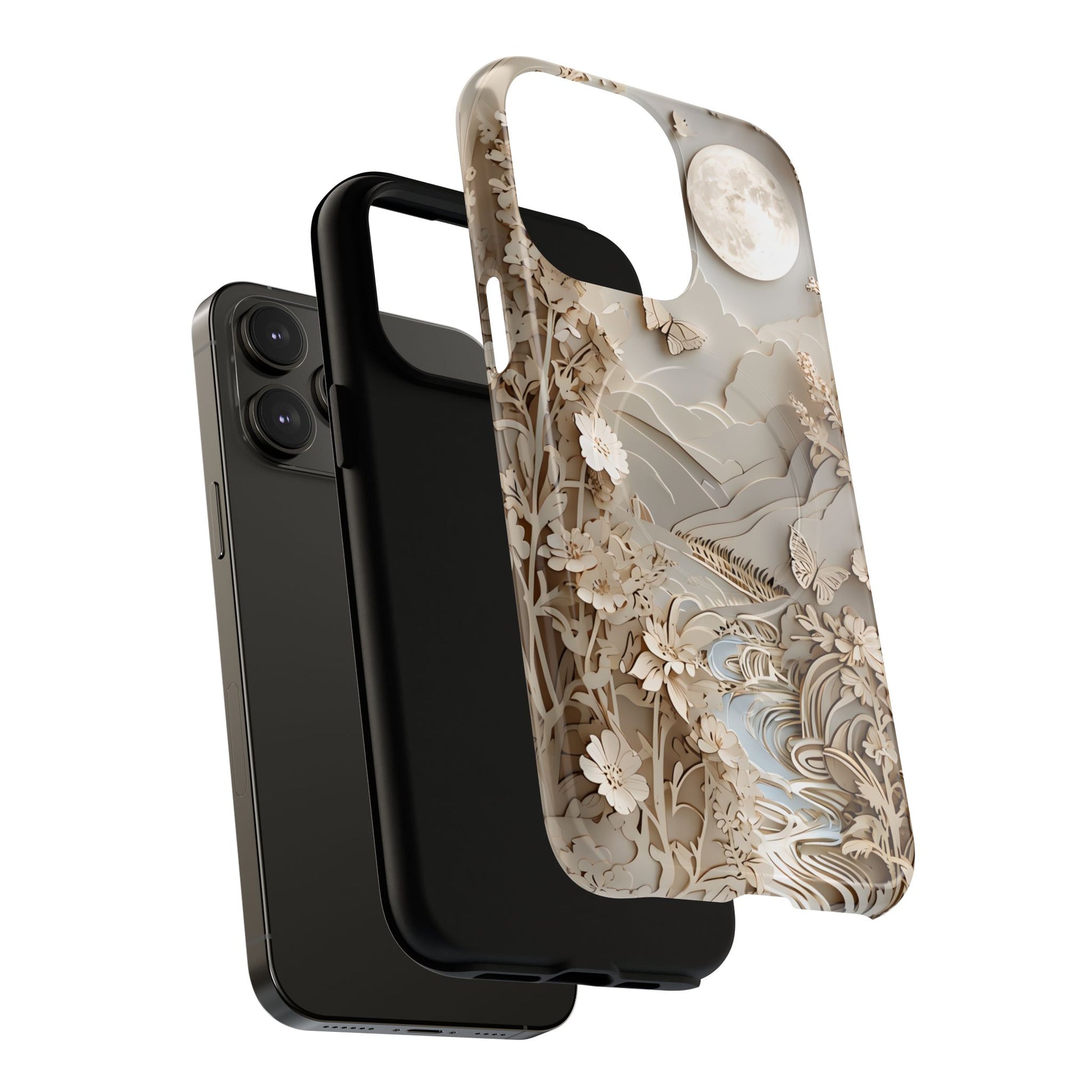 Moonlit Garden - Elegant Neutral Floral iPhone 14 Pro Max MagSafe Phone Case - Painterly Botanical & Moon Design