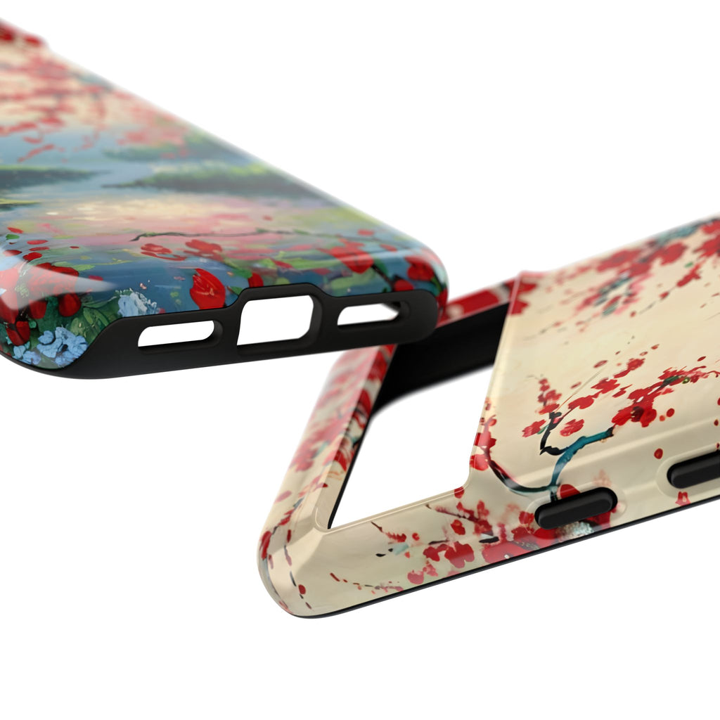 Crimson Blossom Lake - Artistic Floral Landscape Google Pixel 8 Tough Phone Case - Red Cherry Blossoms & Serene Lake Design