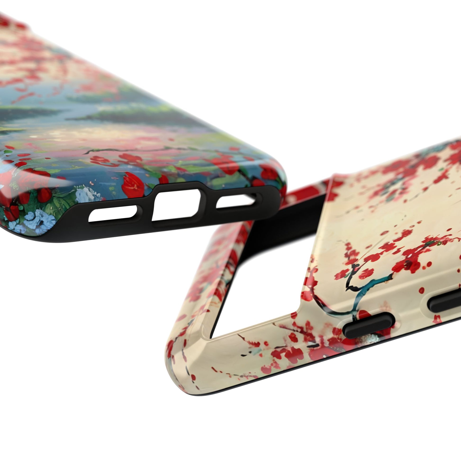 Crimson Blossom Lake - Artistic Floral Landscape Google Pixel 8 Tough Phone Case - Red Cherry Blossoms & Serene Lake Design