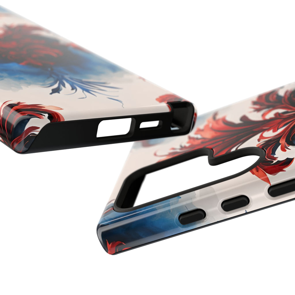Crimson Plume - Bold Artistic Feather Samsung Galaxy S24 Ultra Tough Phone Case - Dramatic Red & Blue Design