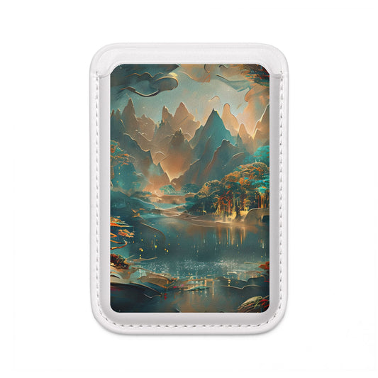 Misty Horizon MagSafe card holder with misty mountain landscape and reflective lake on white magnetic wallet.