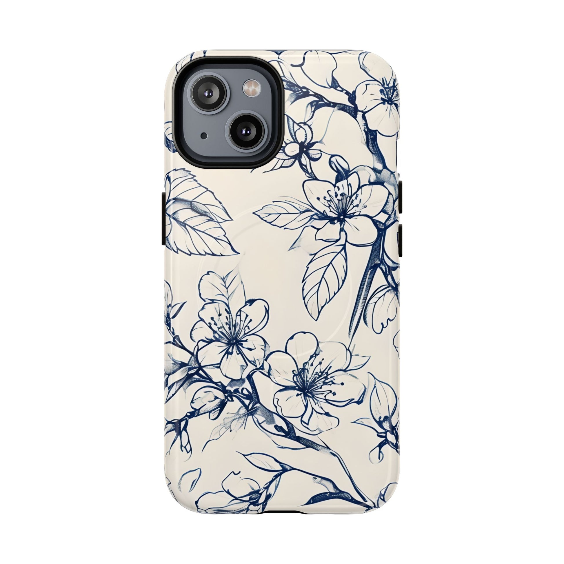 Blossom Sketch - Artistic Blue Floral - iPhone 14 MagSafe Phone Case - Hand-Drawn Botanical Design