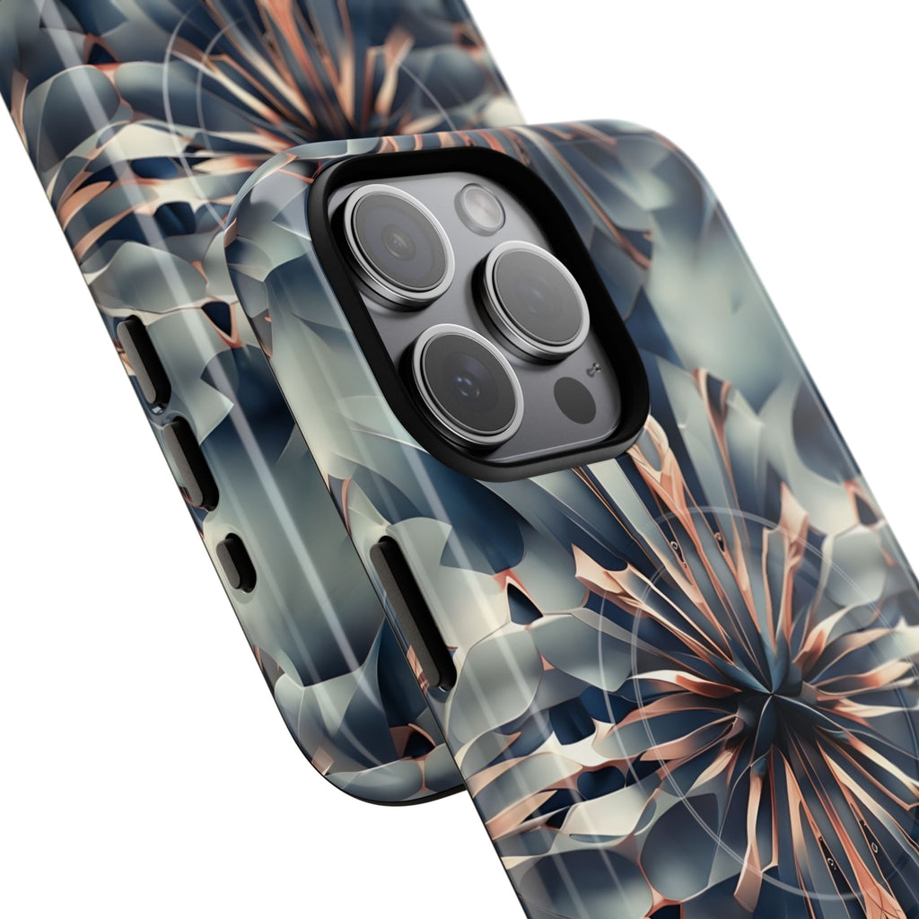 Obsidian Kaleidoscope Artistic Floral Burst - iPhone 15 Pro Max MagSafe Phone Case -Blue, Peach and Silver Symmetrical Design