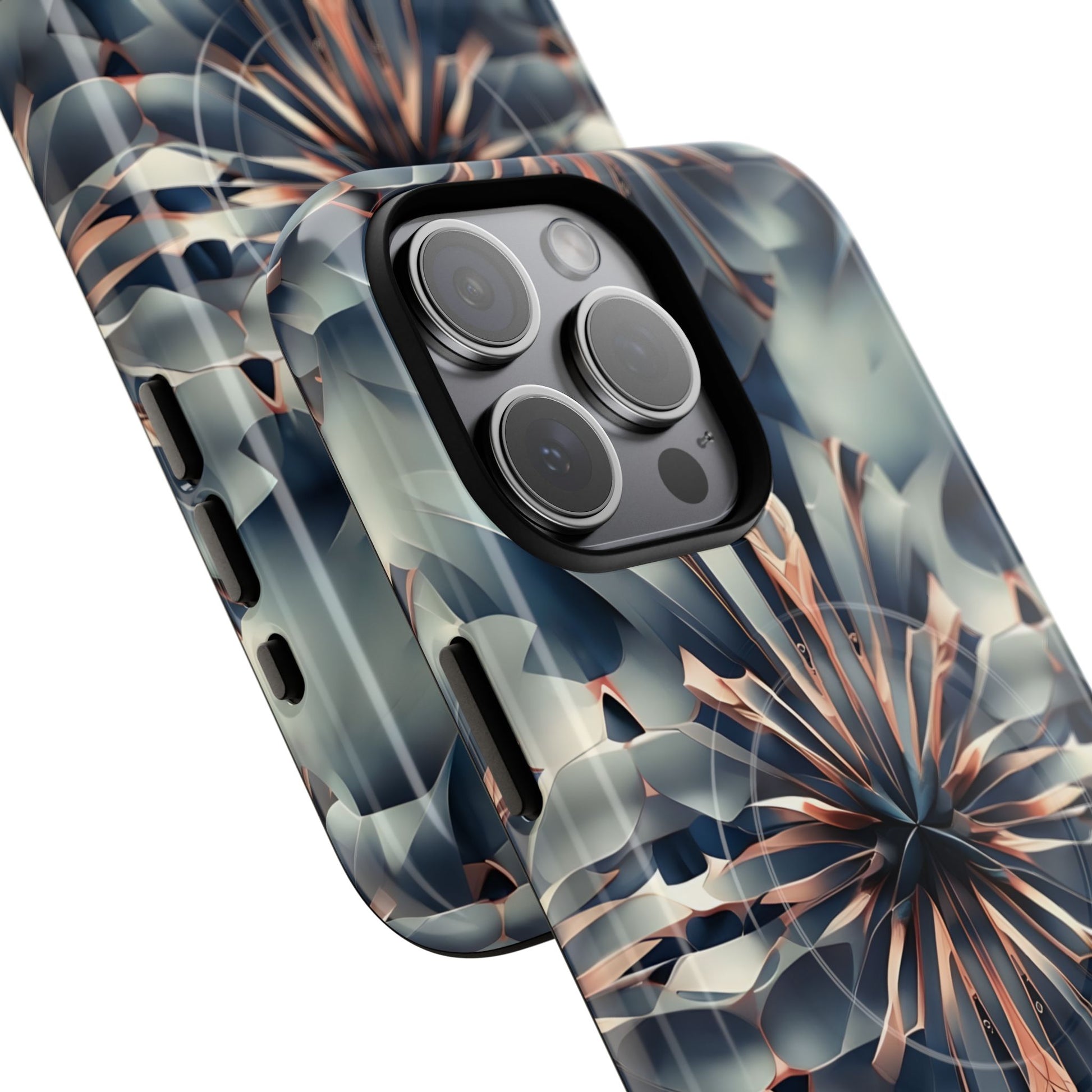 Obsidian Kaleidoscope Artistic Floral Burst - iPhone 15 Pro Max MagSafe Phone Case -Blue, Peach and Silver Symmetrical Design