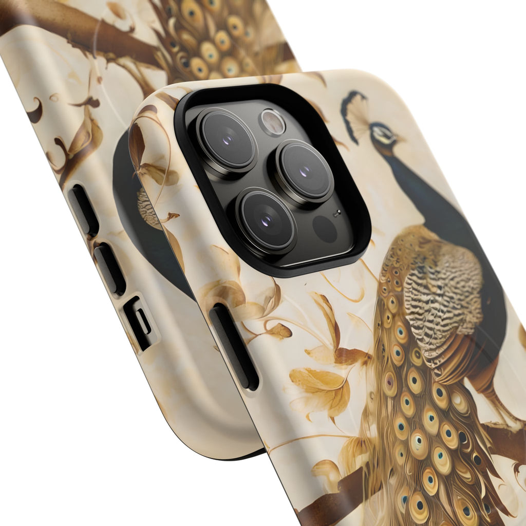 Golden Plumage - Luxe Peacock Art iPhone 14 Pro Max Phone Case - MagSafe Compatible - Elegant Gold & Cream Design