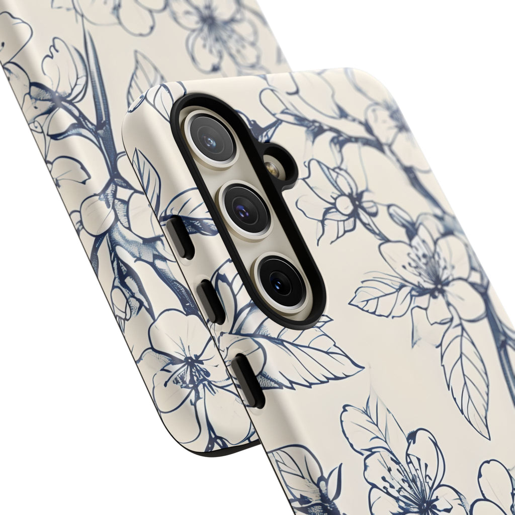 Blossom Sketch - Artistic Blue Floral Samsung Galaxy S24 Plus Tough Phone Case - Hand-Drawn Botanical Design