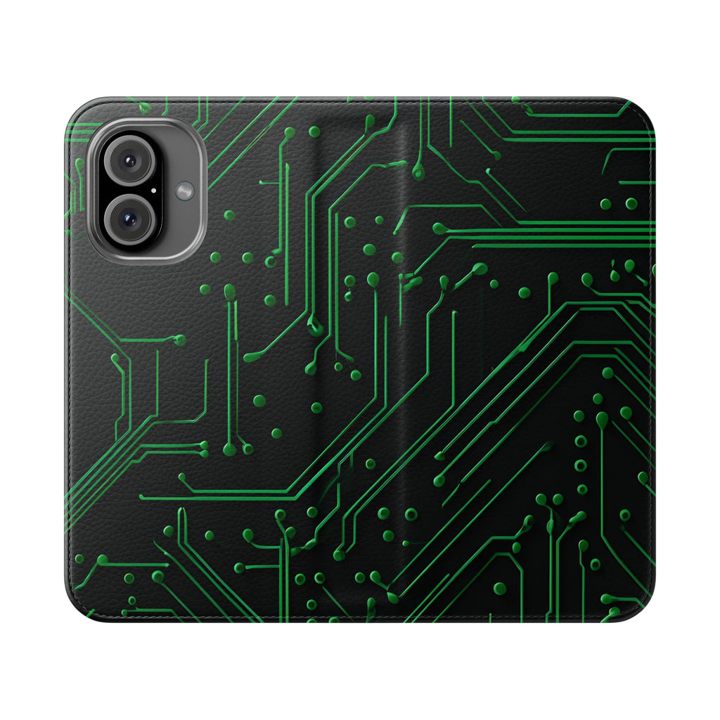 Green Circuit Grid Wallet Phone Case - Green & Black Computer Circuit Design - Flip Cover for iPhone 16