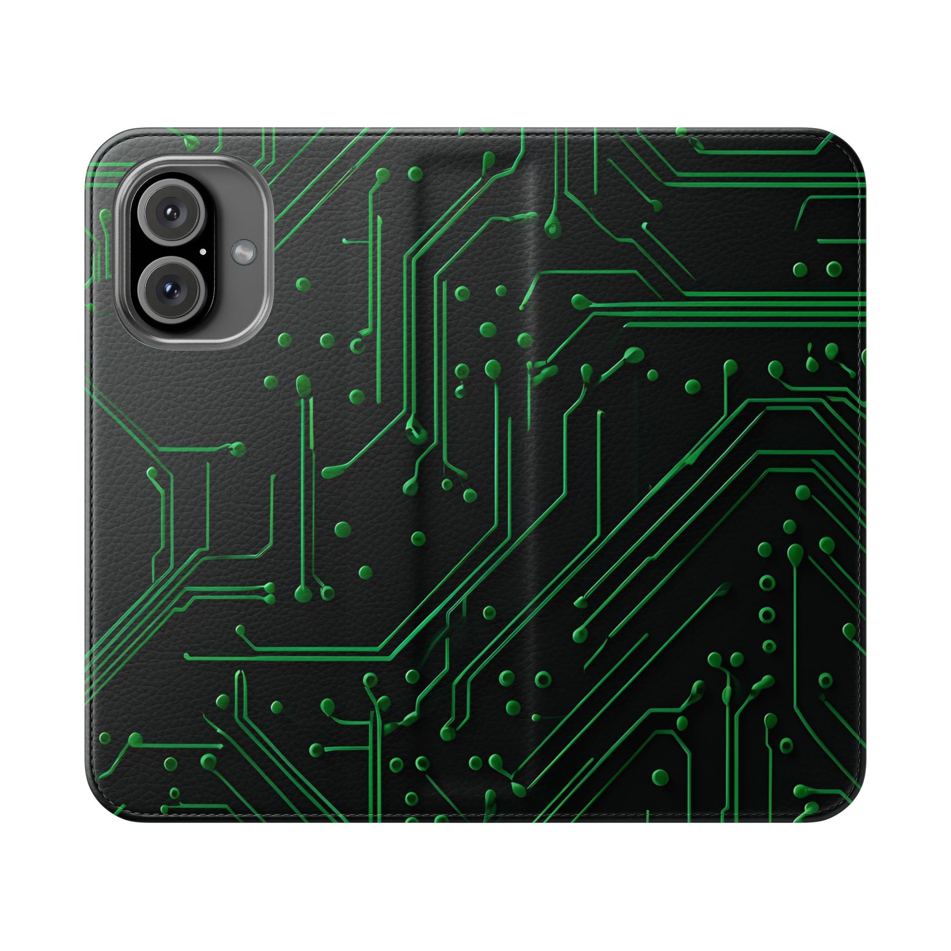 Green Circuit Grid Wallet Phone Case - Green & Black Computer Circuit Design - Flip Cover for iPhone 16