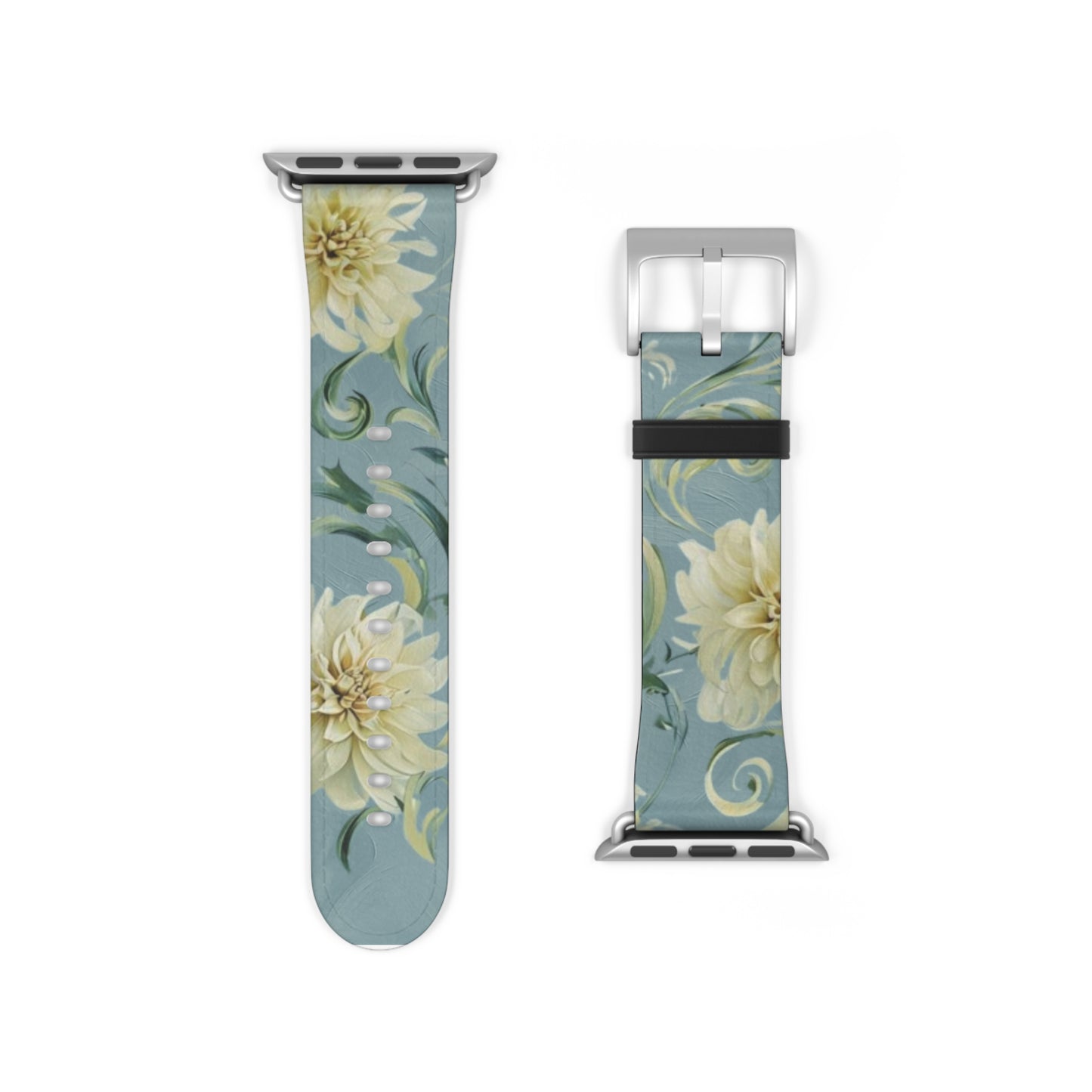 Golden Dahlia Trio Apple Watch band strap with silver clasp showing elegant golden dahlia floral artwork on blue background