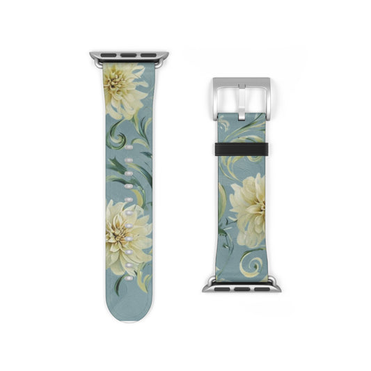 Golden Dahlia Trio Apple Watch band strap with silver clasp showing elegant golden dahlia floral artwork on blue background