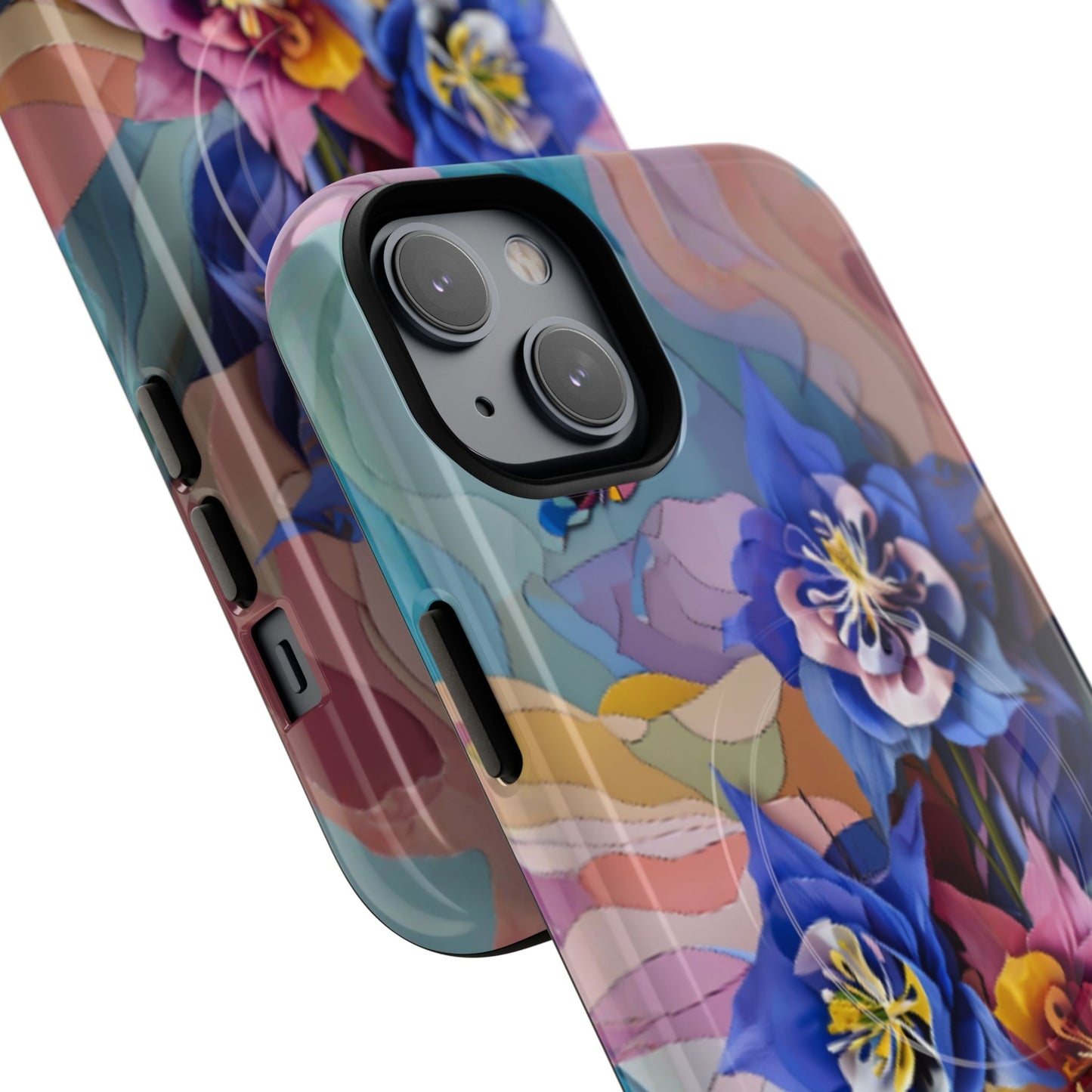 Angled view of Blue Columbine Carnivale iPhone MagSafe protective phone case