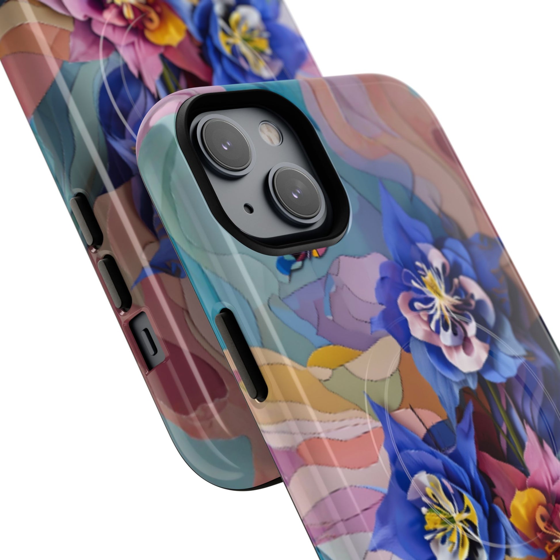 Angled view of Blue Columbine Carnivale iPhone MagSafe protective phone case