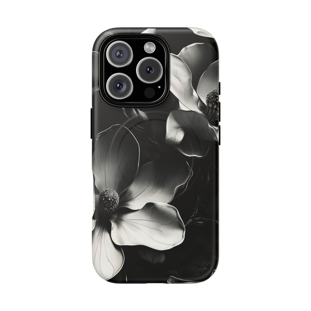 Monochrome Magnolia - Elegant Black & White Floral iPhone 16 Pro MagSafe Phone Case - Artistic Magnolia Design