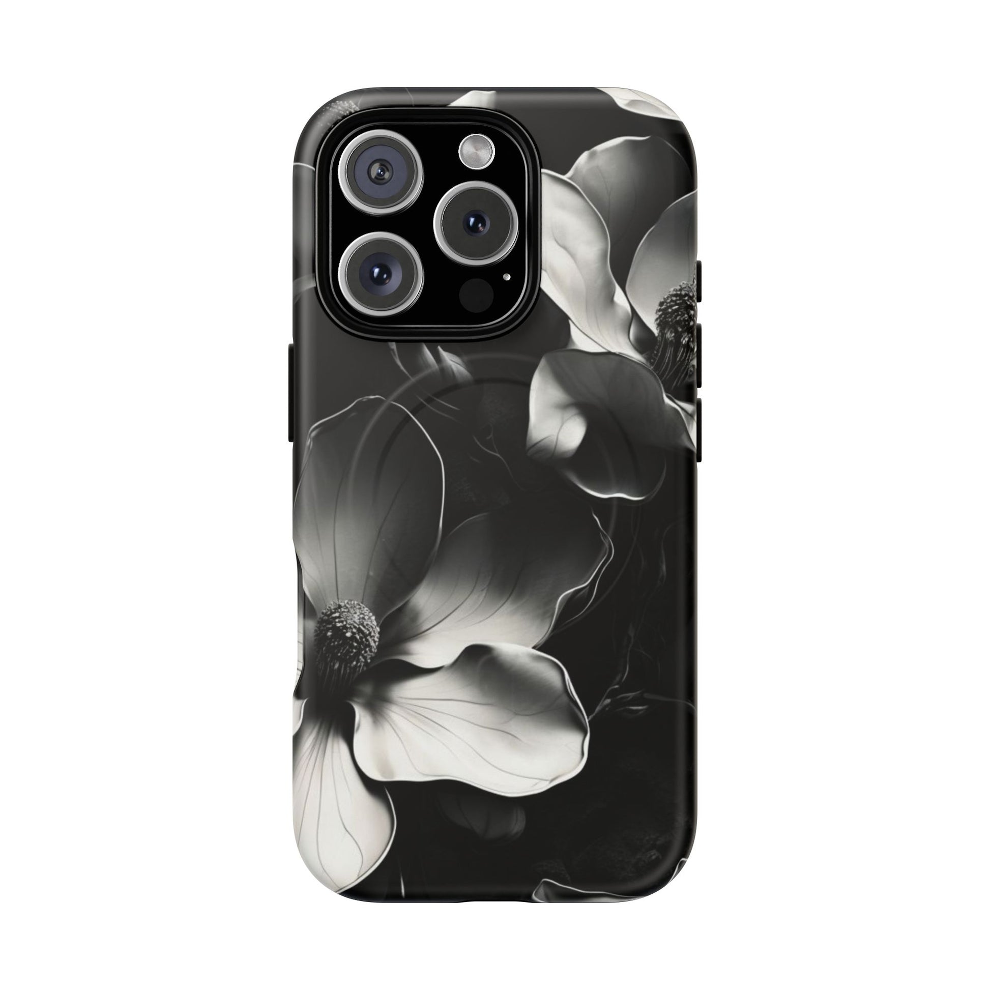 Monochrome Magnolia - Elegant Black & White Floral iPhone 16 Pro MagSafe Phone Case - Artistic Magnolia Design