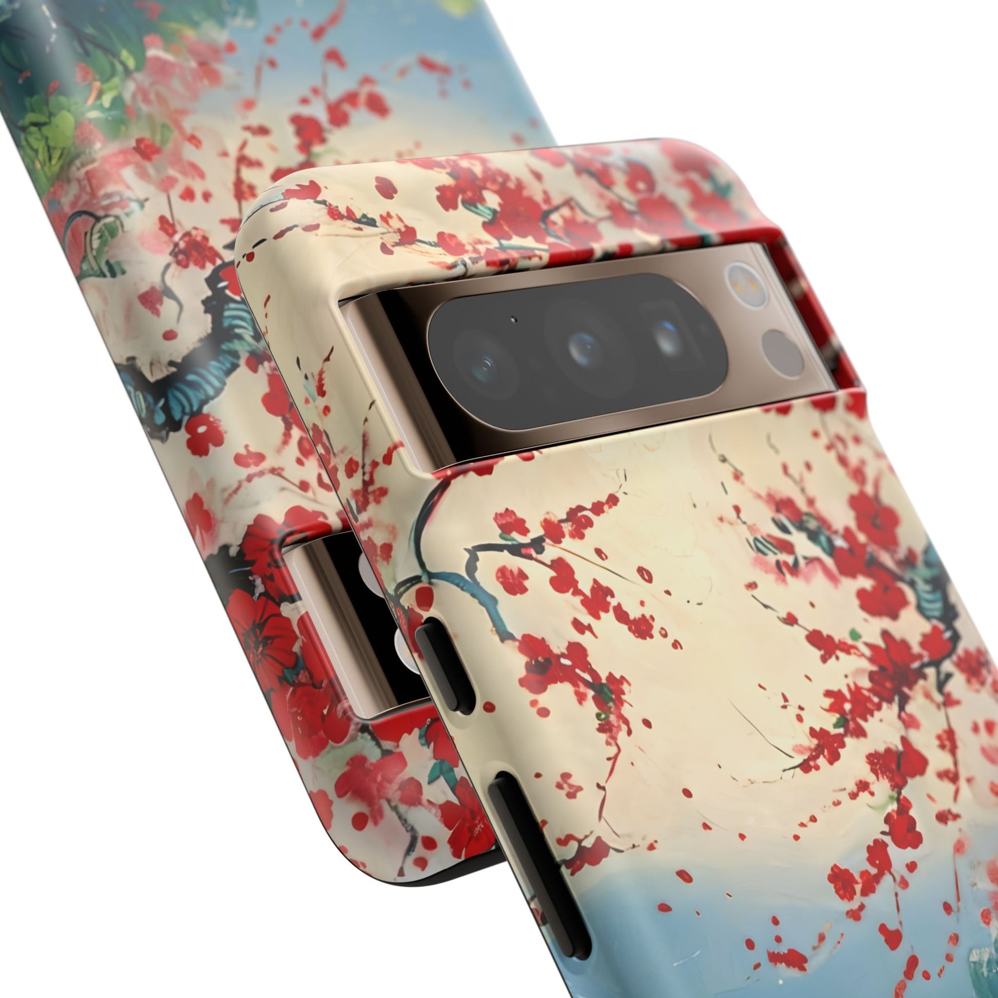 Crimson Blossom Lake - Artistic Floral Landscape Google Pixel 8 Pro Tough Phone Case - Red Cherry Blossoms & Serene Lake Design