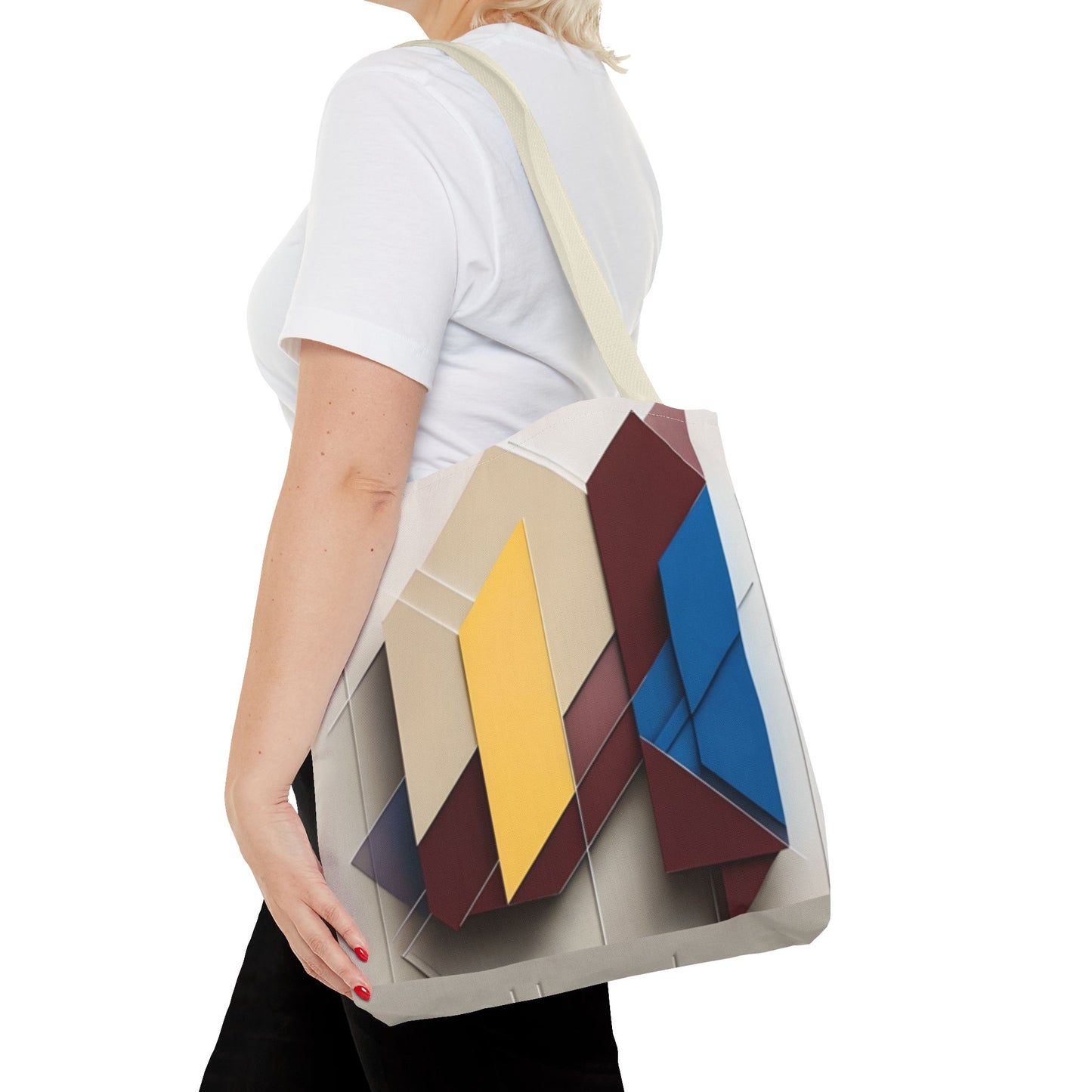 Chromatic Construct canvas tote bag worn over shoulder showing modern abstract geometric artwork