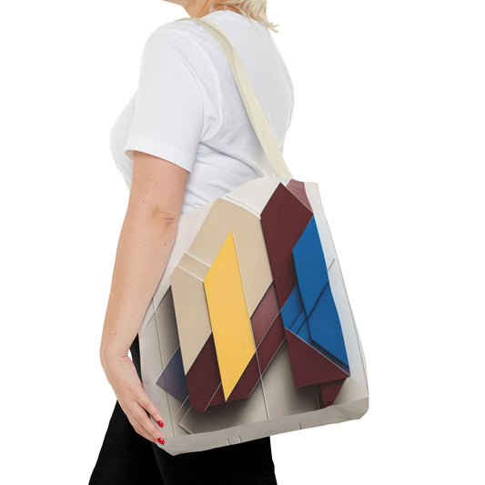 Chromatic Construct canvas tote bag worn over shoulder showing modern abstract geometric artwork