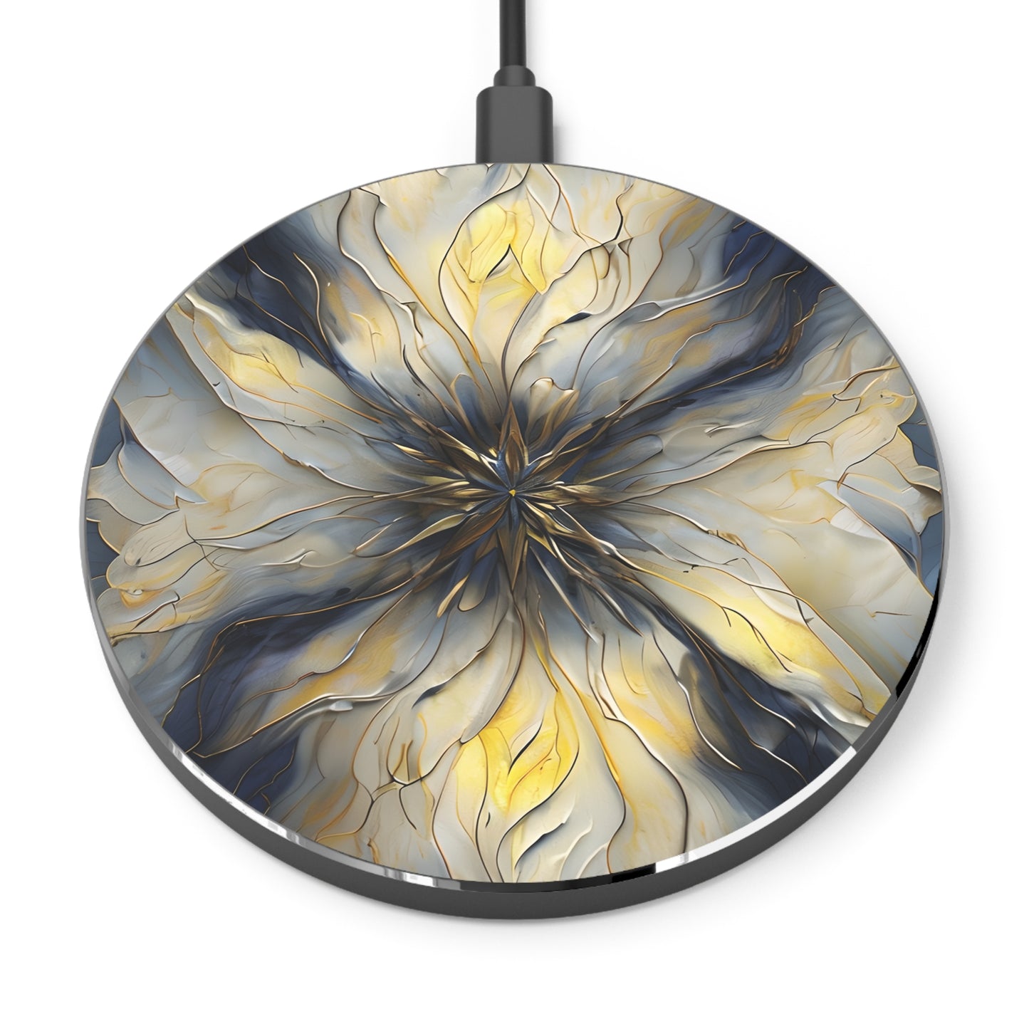 Luminous Petal abstract floral mandala Qi wireless charger with gold and ivory glowing petal design on navy