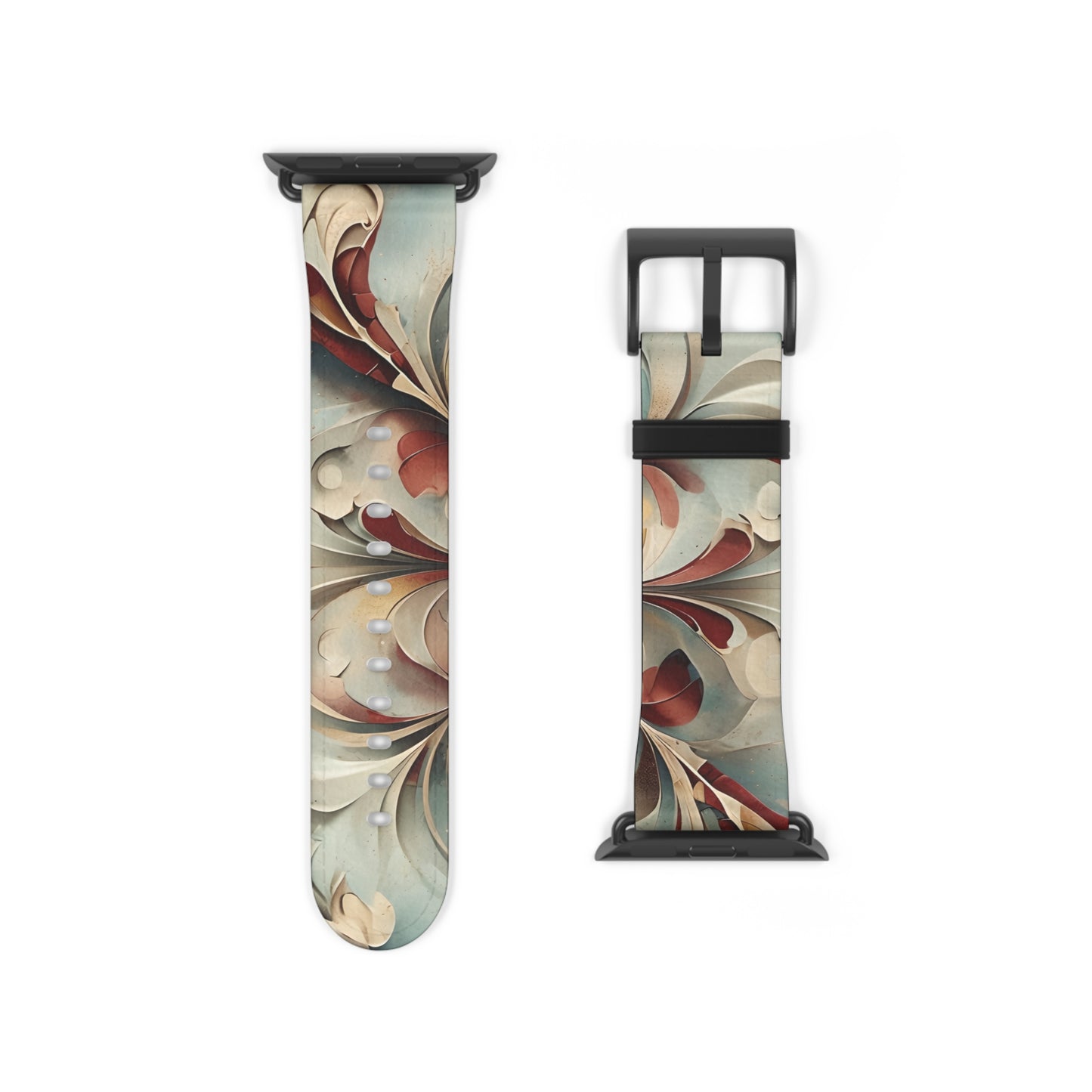 Vintage Baroque Blossom Apple Watch band strap with black clasp displaying detailed vintage floral baroque pattern in ivory and red tones