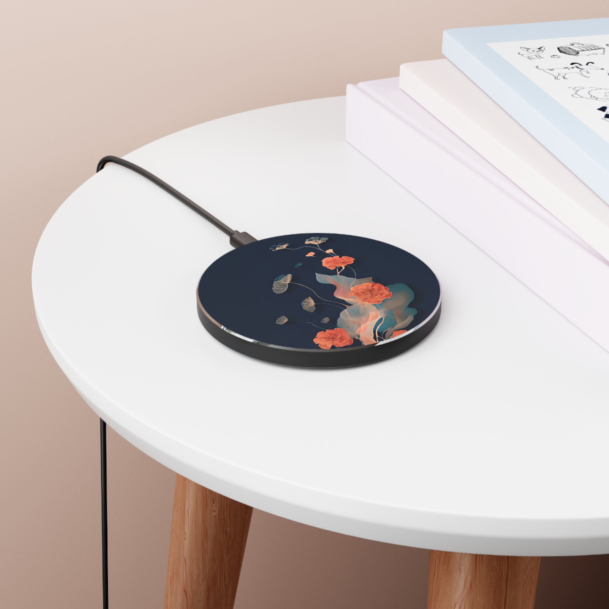Lotus Reverie lotus flower art Qi wireless charger on bedside table with books