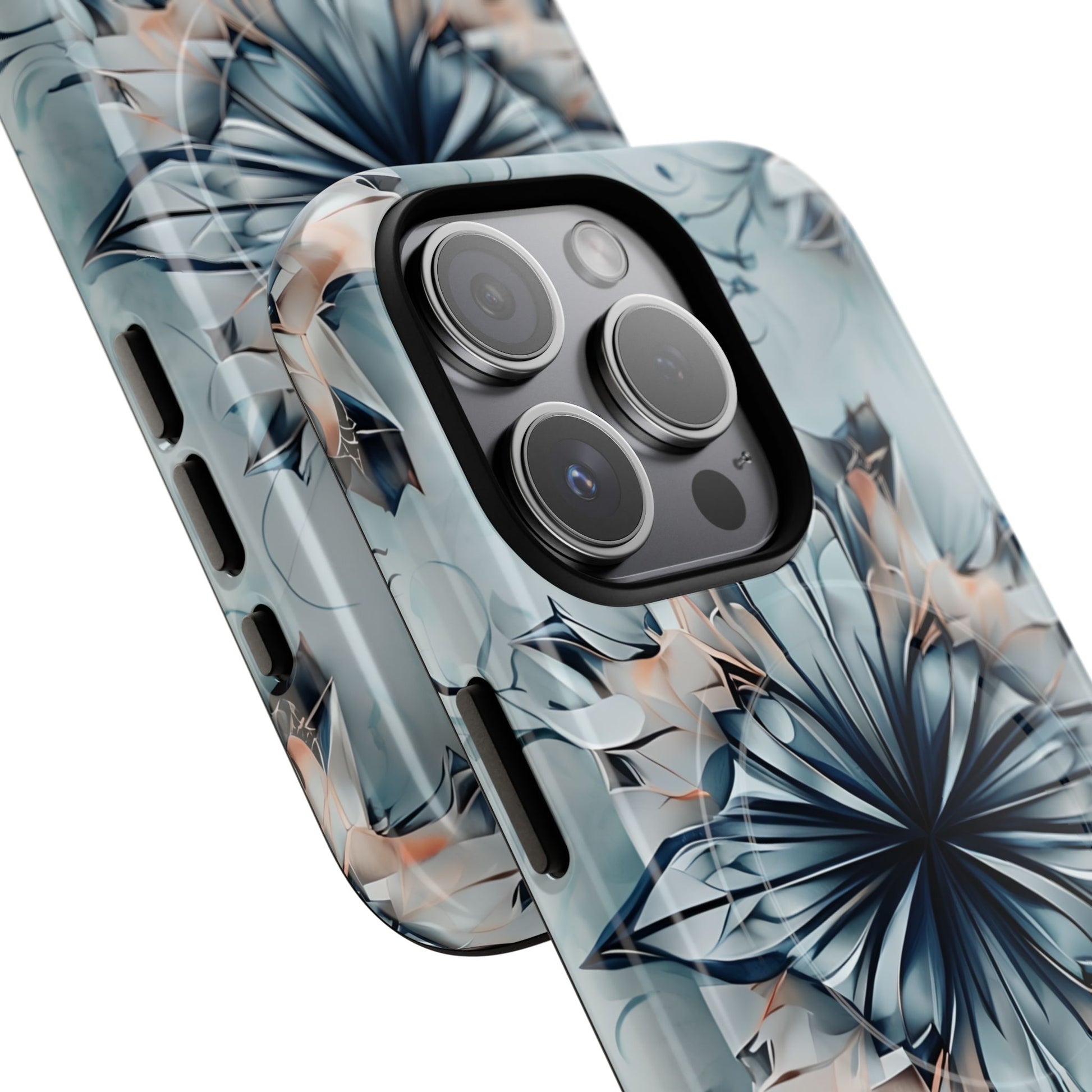 Indigo Mirage - Artistic Kaleidoscope Collection Artistic Floral - iPhone 15 Pro MagSafe Phone Case -Bold Indigo Symmetrical Design