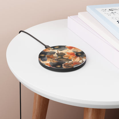 Autumn Ember autumn floral art Qi wireless charger on bedside table with books