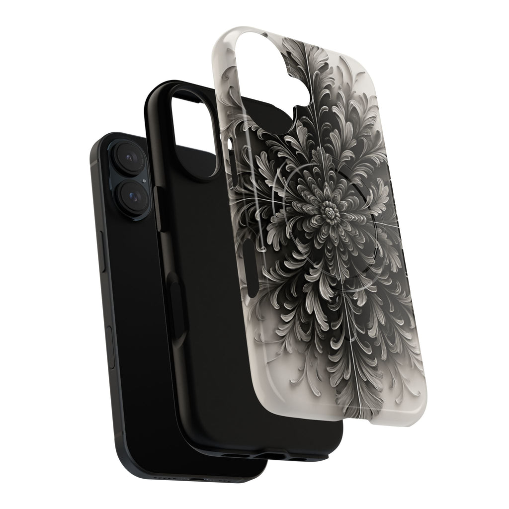 Obsidian Bloom - Elegant Black & White iPhone 16 MagSafe Phone Case - Intricate Mandala Flower Design