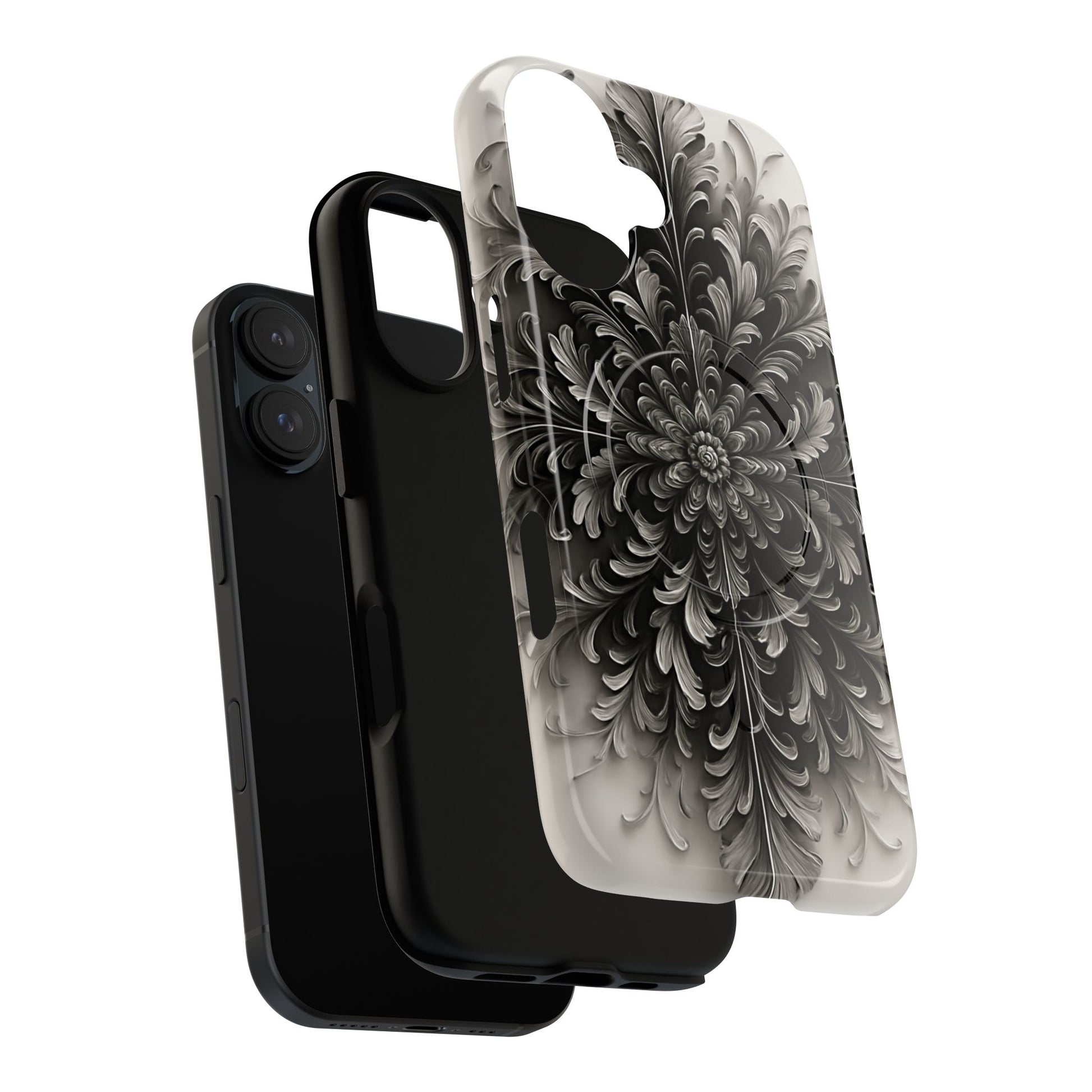 Obsidian Bloom - Elegant Black & White iPhone 16 MagSafe Phone Case - Intricate Mandala Flower Design