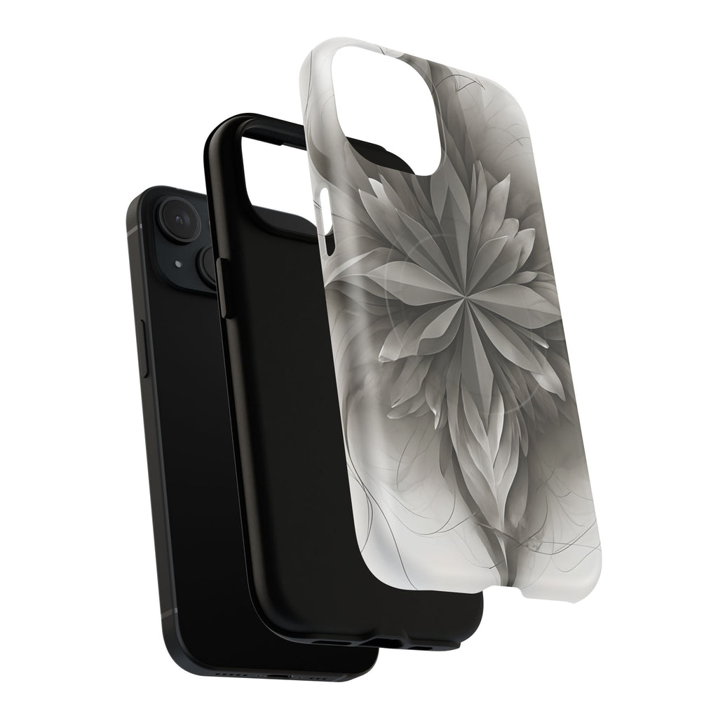 Silver Lotus - Elegant Monochrome Floral iPhone 15 MagSafe Phone Case - Modern Lotus Design
