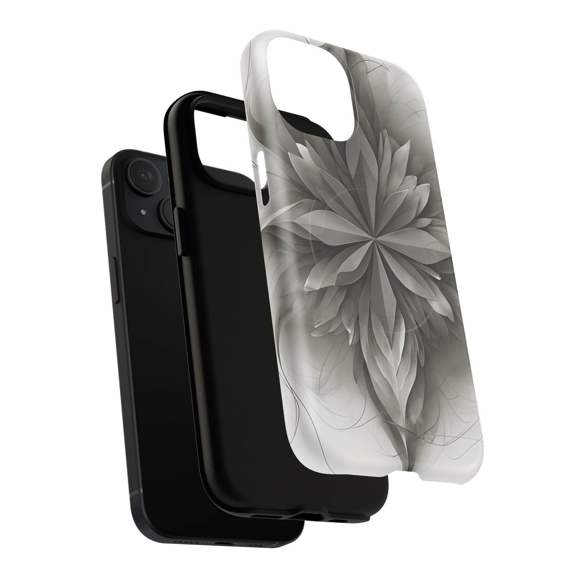 Silver Lotus - Elegant Monochrome Floral iPhone 15 MagSafe Phone Case - Modern Lotus Design