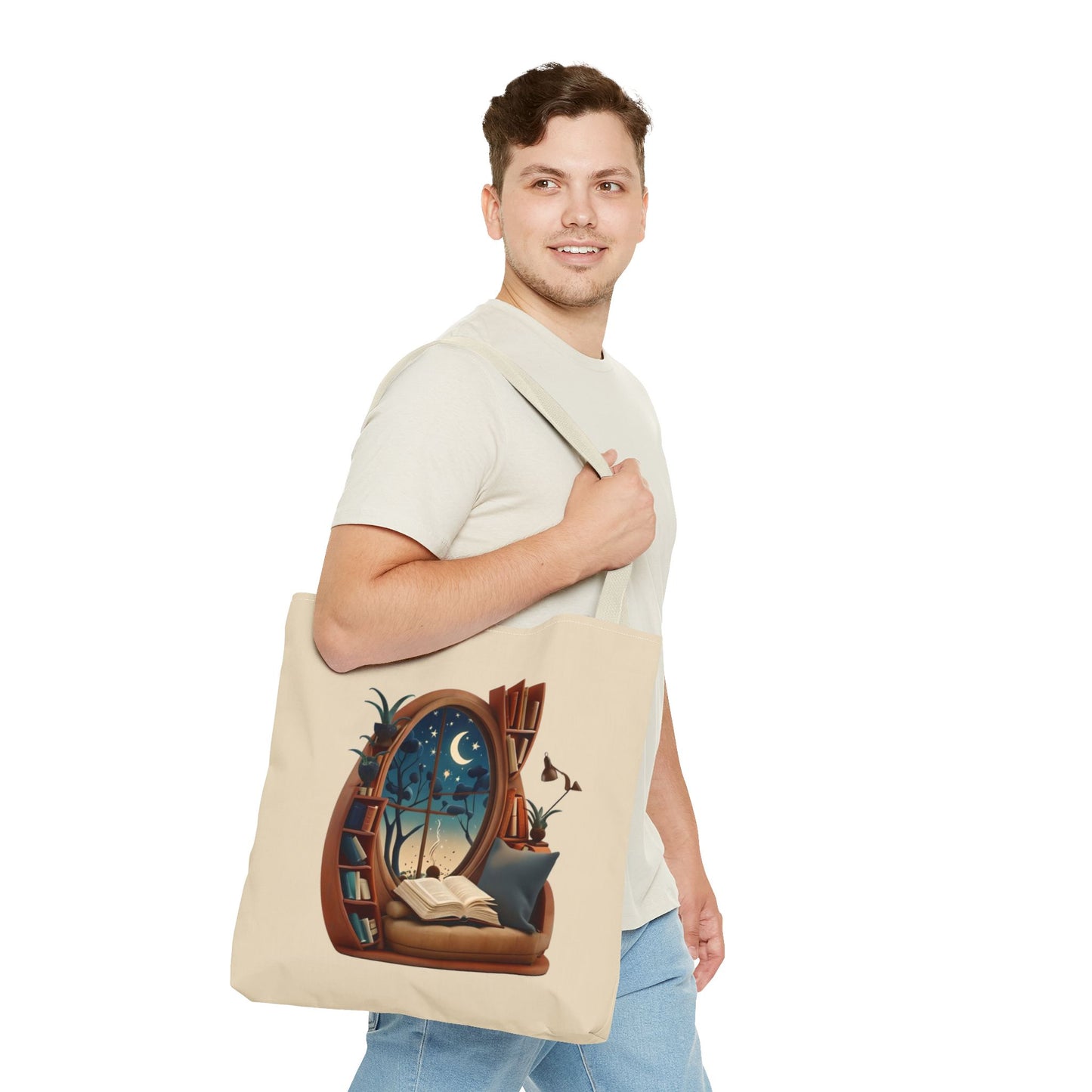 Starlit Sanctuary Canvas Tote Bag (16x16 & 18x18) - Cozy Reading Nook Design Eco-Friendly Shopping Bag