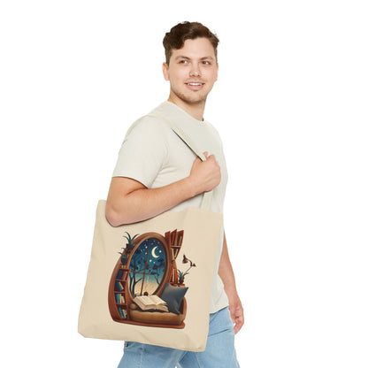 Starlit Sanctuary Canvas Tote Bag (16x16 & 18x18) - Cozy Reading Nook Design Eco-Friendly Shopping Bag